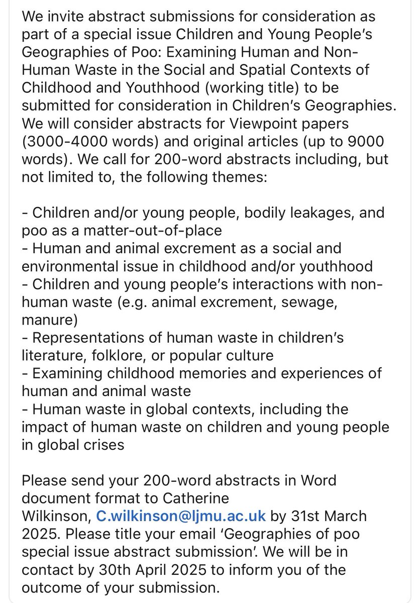 Call for abstracts for consideration in a special issue about Children and Young People’s Geographies of Poo 💩