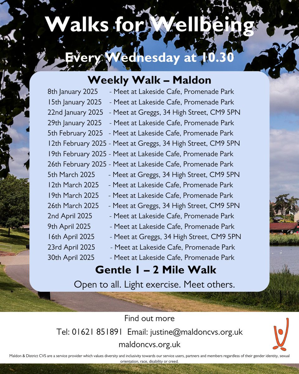 Maldon District CVS (@maldoncvs) on Twitter photo Join our friendly group for a relaxing walk tomorrow at 10:30am from Greggs, 34 High Street, Maldon! All ages and abilities are welcome. Don’t miss out!
#Maldon #WeeklyWalk #FindYourActive <a href="/ActiveEssex/">ActiveEssex</a> Join our friendly group for a relaxing walk tomorrow at 10:30am from Greggs, 34 High Street, Maldon! All ages and abilities are welcome. Don’t miss out!
#Maldon #WeeklyWalk #FindYourActive <a href="/ActiveEssex/">ActiveEssex</a>