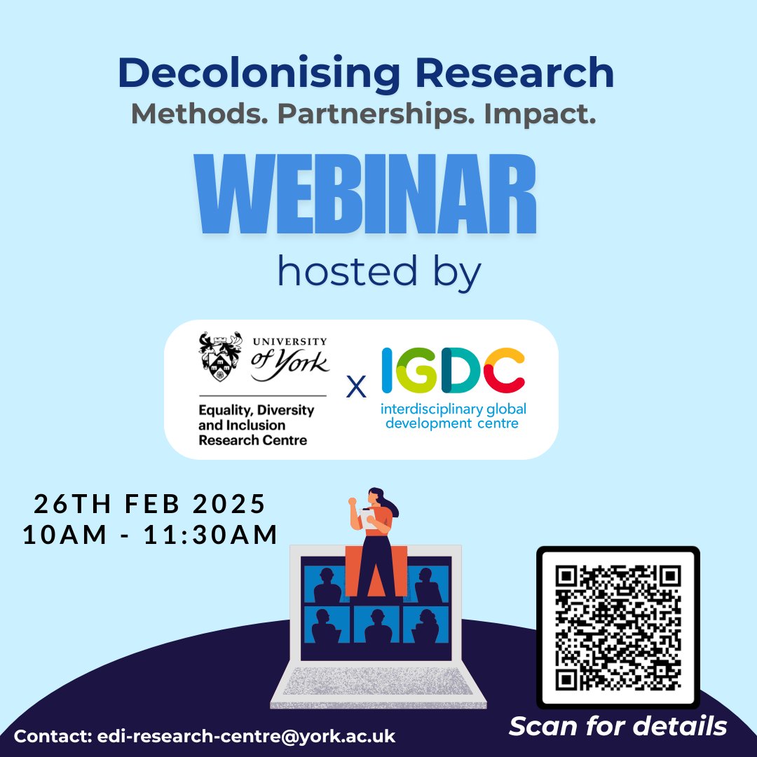 Join us and the EDI Research Centre on 26 Feb at 10am for a webinar on decolonising research!

Find out more and book your place here: tinyurl.com/ekpnmwye