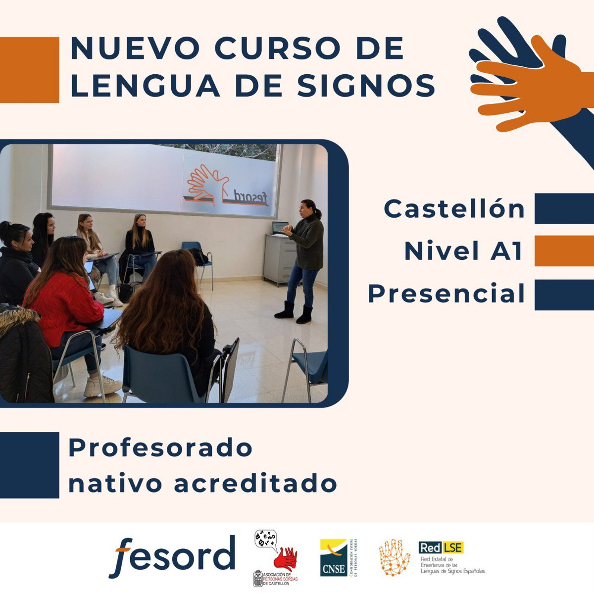 🟦 Nuestra OFERTA en Cursos de Lengua de Signos sigue, ahora os presentamos uno nuevo en #Castellón. 

🔹 Nivel A1
🗓 Del 05/03/2025 al 18/06/2025
⏰ Lunes y miércoles: MAÑANAS de 10:30 a 13:00 horas o TARDES de 16:00 a 18:30 horas.
💻 MÁS INFO e INSCRIPCIONES:
