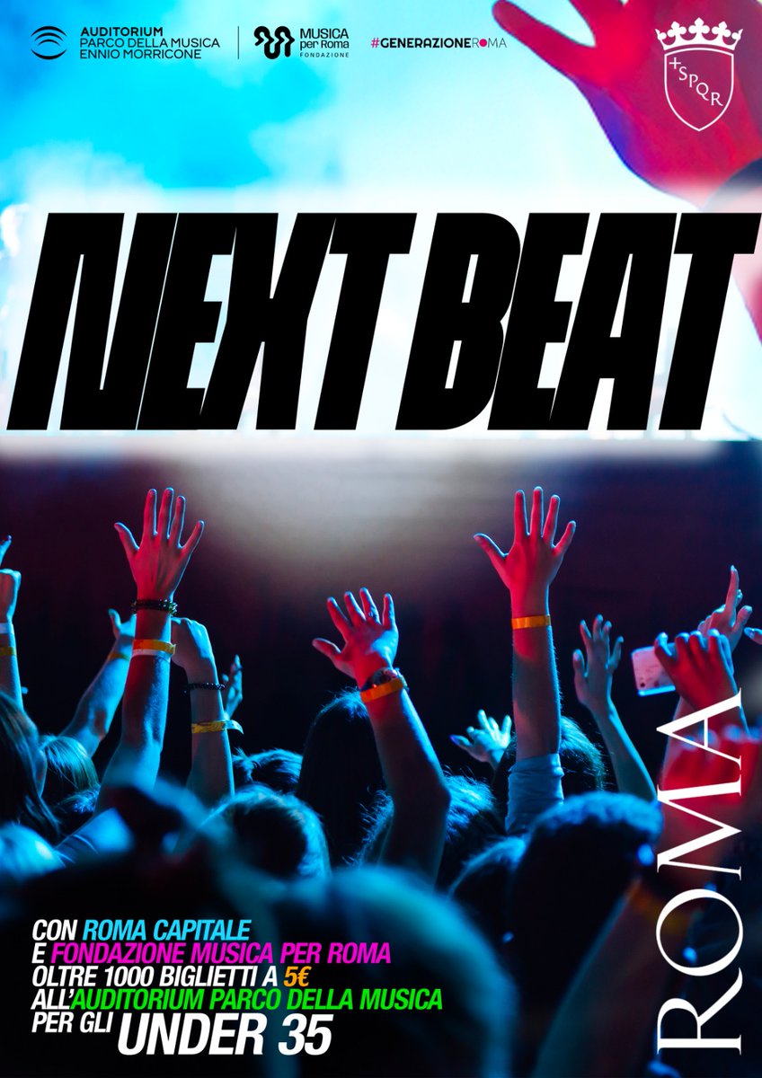 Roma's tweet photo. 📣 #NextBeat, l’iniziativa riservata ai giovani under 35 residenti a Roma che mette a disposizione oltre 1000 biglietti per spettacoli all’@AuditoriumPdM al costo agevolato di 5€.
📆 Il Click Day parte alle 12 ➡️ https://t.co/z5brrcXeGH
Info 👉 https://t.co/x9eAWI7Y0P https://t.co/VdP7BtHgK0