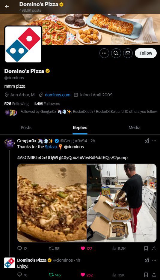 I’ll remind you like I warned you on $WOMP at $2M before it ran to $15M

$PIZZA is sitting at $2M right now and already got noticed by <a href="/dominos/">Domino's Pizza</a> 

Highest odds on this coin for Dave Portnoy <a href="/stoolpresidente/">Dave Portnoy</a> to bid 

You see the opportunity to make generational wealth. Use your 🧠