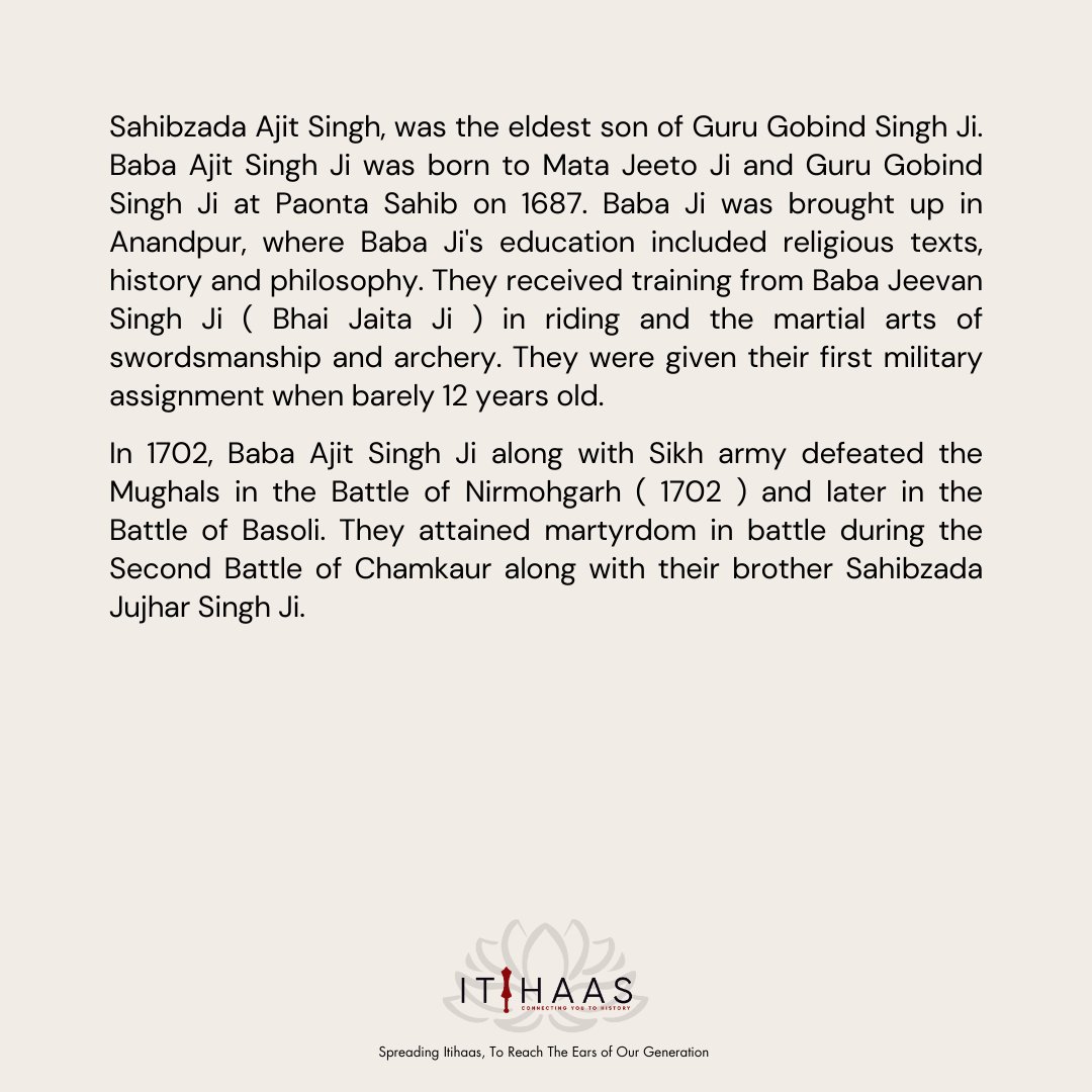 itihaas_th's tweet photo. Congratulations On The Occasion Of Janam Dihara Of Sahibzada Ajit Singh Ji
ਸਾਹਿਬਜ਼ਾਦਾ ਅਜੀਤ ਸਿੰਘ ਜੀ ਦੇ ਜਨਮ ਦਿਹਾੜੇ ਦੀਆਂ ਸਾਰਿਆਂ ਨੂੰ ਲੱਖ ਲੱਖ ਵਧਾਈਆਂ ॥
#TodayInHistory #India #Punjab #History #Sikhs #JanamDihara #BabaAjitSingh #ChaarSahibzade #Khalsa #AnandpurSahib https://t.co/x0pkP3BXJ4