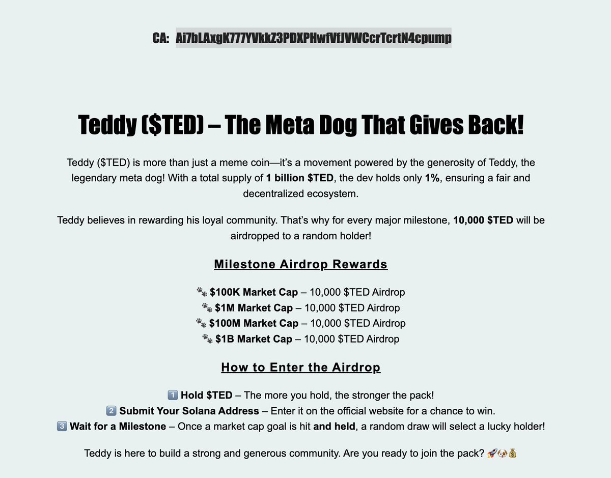 TheTedCoin's tweet photo. PLS READ! $TED TO THE MOON TEDDY ALWAYS GIVES BACK https://t.co/NOGu9iHnHT