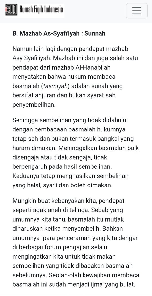 oranglainlho's tweet photo. @rooonzky @AgusMagelangan Meluruskan, kewajiban basmalah bukan ijma'. Bahkan Syafi'i(mazhab mayoritas di indo), basmalah hanya level sunnah. Hasil sembelihan tetap halal selama yang menyembelih seorang muslim. https://t.co/18Ews9Upqn
