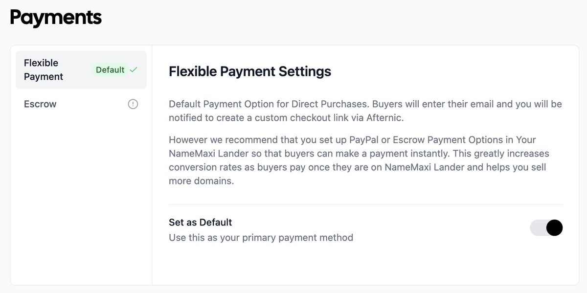 No Escrow․com account? No problem!

Now <a href="/LandNameMaxi/">NameMaxi Lander</a> allows you to get back to buyers with an Afternic or Atom Payment link. Don’t let them wait too long though!