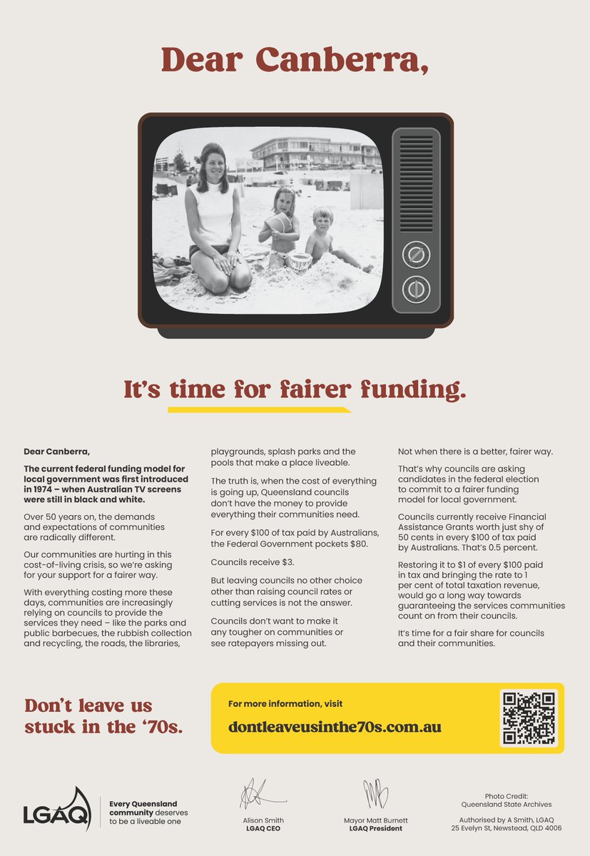 𝗧𝗵𝗲 𝟭𝟵𝟳𝟬𝘀 𝗳𝘂𝗻𝗱𝗶𝗻𝗴 𝗺𝗼𝗱𝗲𝗹 𝗱𝗼𝗲𝘀𝗻’𝘁 𝘄𝗼𝗿𝗸 𝗳𝗼𝗿 𝟮𝟬𝟮𝟱.📢 77 Queensland councils are calling for a fair go. Read the open letter. dontleaveusinthe70s.com.au  #FederalElection2025