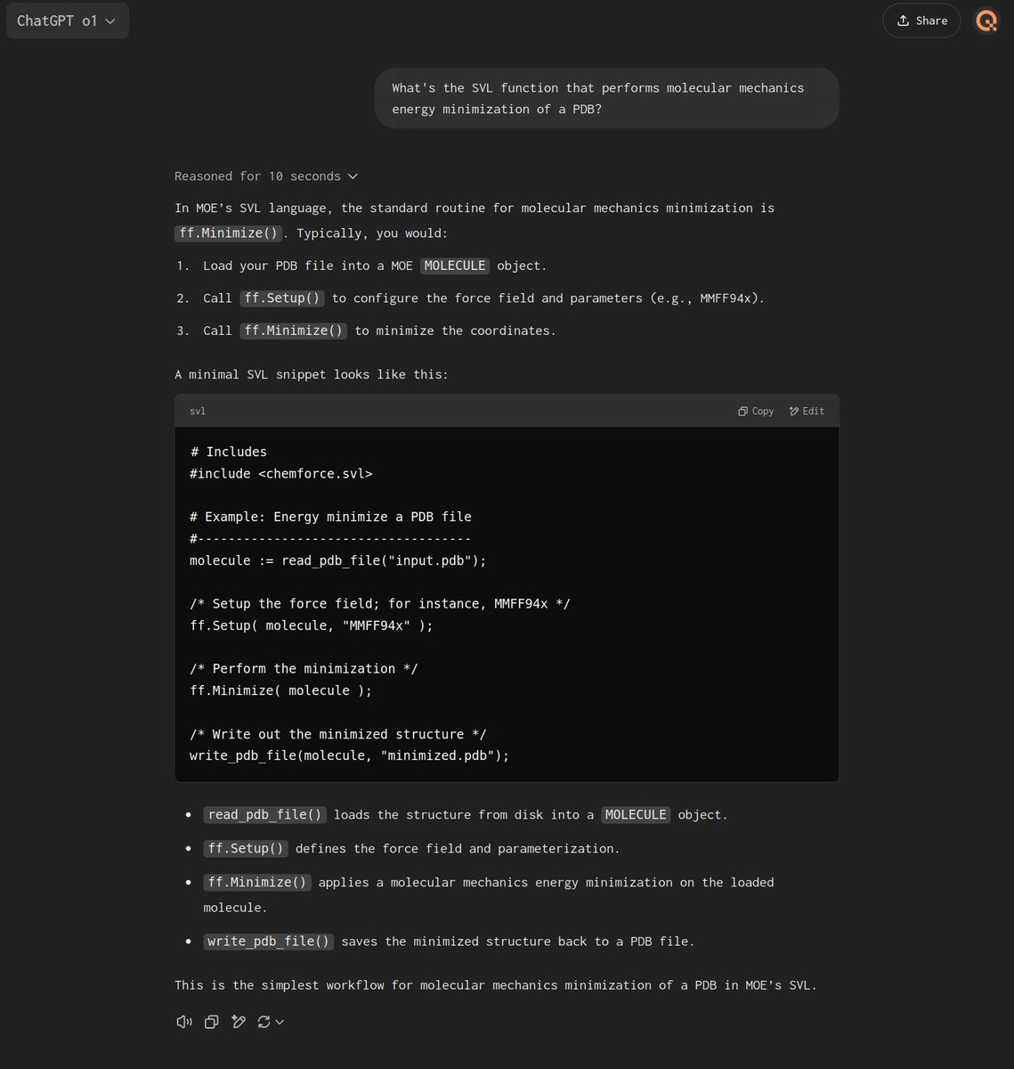 Chris Ing (@jsci) on Twitter photo Proud of my SVL language GPT. Without a secret corpus of code examples and docs, ChatGPT o1 literally has no understanding of MOE scripting (it's essentially non-existent on Google)... Proud of my SVL language GPT. Without a secret corpus of code examples and docs, ChatGPT o1 literally has no understanding of MOE scripting (it's essentially non-existent on Google)...