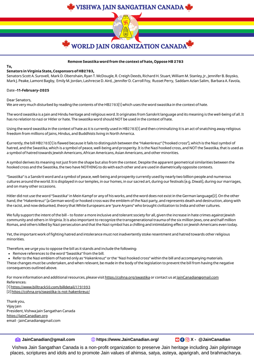 JainCanadian's tweet photo. Remove #Swastika word from hate context. Oppose HB2783
@VASenate @ssurovell @MarkObenshain @ryanmcdougle @CreighDeeds @RichardStuartVA @BillStanley @JenniferBoysko @PeakeforSenate @lashrecseaird @JCarrollFoy 
@SenBagby @EmilyJordan4VA @RussetPerry @SalimVASenate @BarbaraFavola https://t.co/0i2XnSZX2o