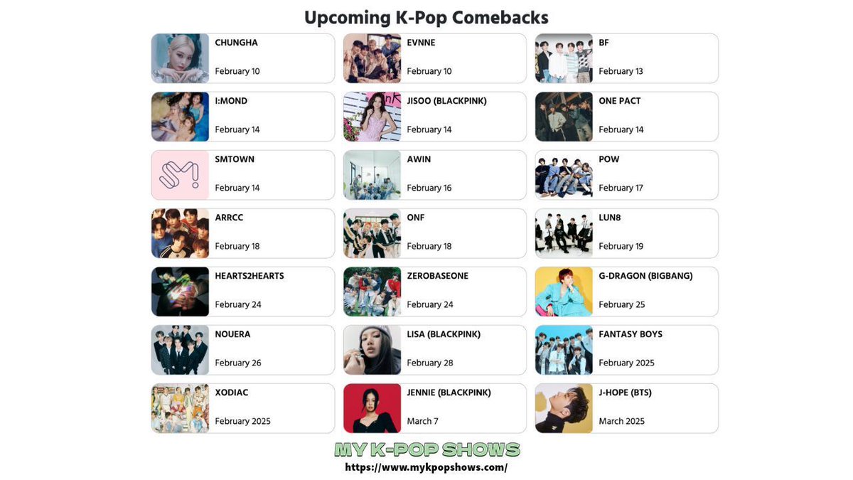mykpopshows's tweet photo. Which comeback on this list are you most looking forward to? 🎧
🔗 https://t.co/A6wqF4bNyM
#CHUNGHA #EVNNE #BLACKPINK #JISOO #ONEPACT #SMTOWN #POW #ARRCC #ONF #LUN8 #HEARTS2HEARTS #ZEROBASEONE #BIGBANG #GDRAGON #NOUERA #LISA #FANTASYBOYS #XODIAC #JENNIE #BTS #JHOPE & more https://t.co/mbs1zQbUAF