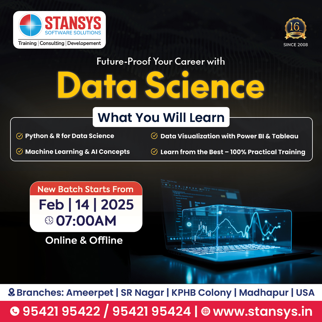 Stansys_SAS's tweet image. ๐ Future-Proof Your Career with Data Science!
Data Science is transforming industries, and now is the time to upskill!
Join Us Now : 95421 95422 / 95421 95424.
Visit : stansys.in
#datascience #machinelearning #pythonforai #dataanalytics #powerbi #tableau