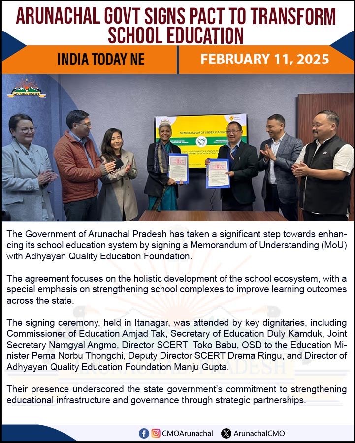 CMO Arunachal (@arunachalcmo) on Twitter photo Arunachal Pradesh takes a big leap in education!
The Govt has signed an MoU with Adhyayan Quality Education Foundation to strengthen school complexes, enhance teaching, and foster holistic student growth. A step towards academic excellence!
Read more: t.ly/M1mFX Arunachal Pradesh takes a big leap in education!
The Govt has signed an MoU with Adhyayan Quality Education Foundation to strengthen school complexes, enhance teaching, and foster holistic student growth. A step towards academic excellence!
Read more: t.ly/M1mFX