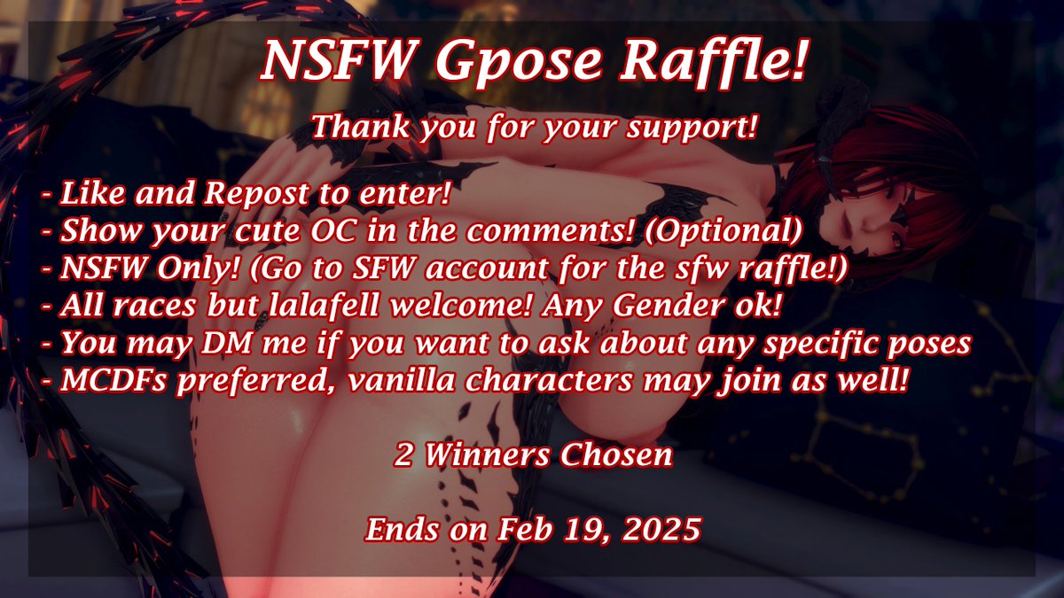 Doing a nsfw gpose raffle as thanks for all the support!
I also posted a sfw one on my other account @Zenryuu2 

Like + Repost + Follow to enter!

More info in the image below!