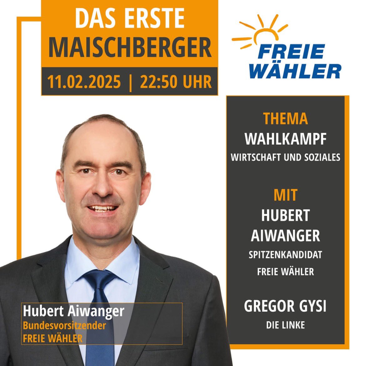 Gregor Voht (@gregor_voht) on Twitter photo Einschalten! <a href="/HubertAiwanger/">Hubert Aiwanger</a> im Ersten bei #Maischberger 📺 Unser #FreieWähler Bundesvorsitzender und Spitzenkandidat Hubert Aiwanger diskutiert mit <a href="/GregorGysi/">Gregor Gysi</a> über das Thema 'Wirtschaft und Soziales' im aktuellen Bundestagswahlkampf. Spannung garantiert! #Bundestagswahl2025 Einschalten! <a href="/HubertAiwanger/">Hubert Aiwanger</a> im Ersten bei #Maischberger 📺 Unser #FreieWähler Bundesvorsitzender und Spitzenkandidat Hubert Aiwanger diskutiert mit <a href="/GregorGysi/">Gregor Gysi</a> über das Thema 'Wirtschaft und Soziales' im aktuellen Bundestagswahlkampf. Spannung garantiert! #Bundestagswahl2025