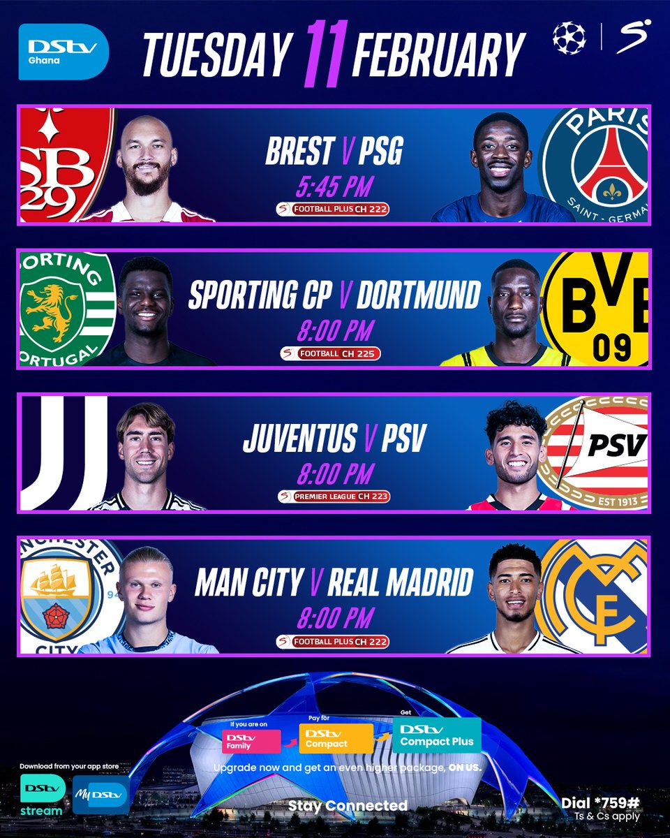 Ready for Champions League night?

Brest v PSG
Sporting v Dortmund
Juventus v PSV
Man City v Real Madrid