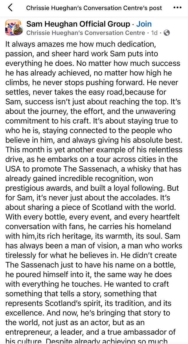 Gross. Using Sam’s mom’s name (misspelled, to boot) to garner attention and engagement. Sharing peoples’ private pics of encounters with Sam at the NY Sassenach Winter Tour. Then most of the posts in this group are of a more “celebrity crush”  nature.