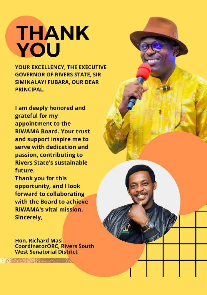 Adaeze_Oreh's tweet image. Congratulations, Sir Richard @masiobi, on your appointment to the board of Rivers State Waste Management Agency by His Excellency @SimFubaraKSC. 

I am sure that you will excel in this role for the good of our dear state.👏🏾👏🏾👏🏾 
#RiversFirst