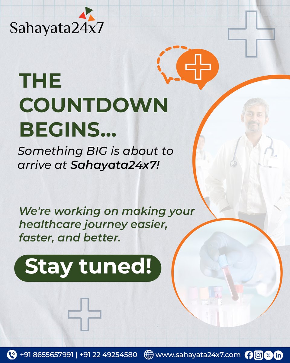 sahayata24x7's tweet photo. The countdown has begun!
Something exciting is coming to Sahayata24x7 to make your healthcare journey easier, faster, and better. Stay tuned for the big reveal!
#StayTuned #HealthcareMadeSimple #ComingSoon #Sahayata24x7 https://t.co/KgW14KWIN7