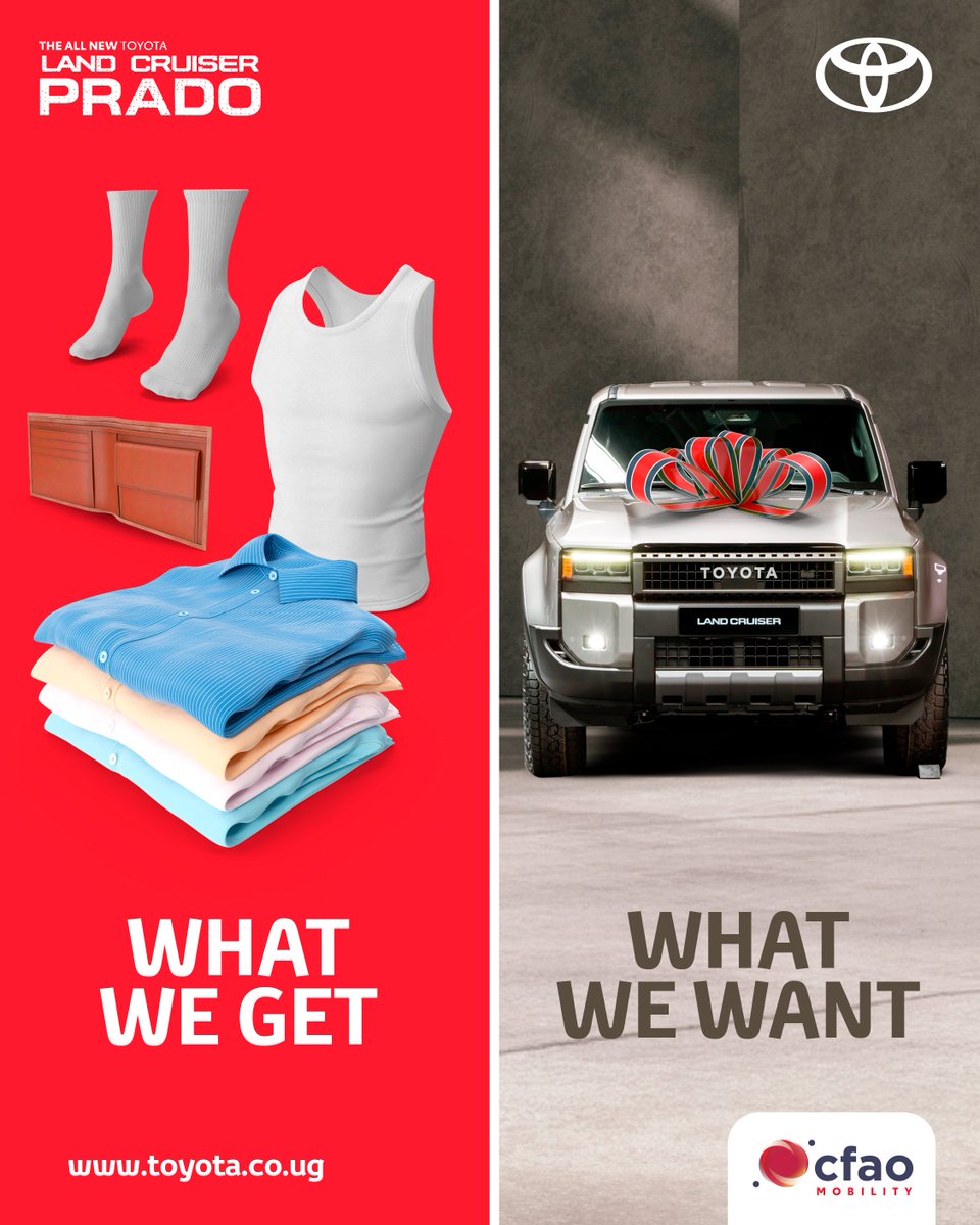 Toyota_UG's tweet photo. Ladies, this Valentine’s, go beyond the usual gifts. 🚫🧦 

Surprise him with an all-new Land Cruiser Prado 250. 😉❤️

To book a test drive, 👉call 0800 211 033 or visit: https://t.co/ChDIT3V4kt today.

 #TheNewOriginal #ToyotaUg https://t.co/UGXX8SQFXm