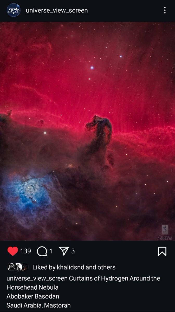 ولله الحمد، حسابات وكالة الفضاء الأمريكية ناسا تقوم بنشر صورتي لسديم رأس الحصان كواحدة من أجمل الصور الملتقطة على حسابهم في الإنستجرام والفيسبوك 😁❤️

الصورة الحادية عشر و القادم أجمل 🙏🏼

NASA has published my Horsehead Nebula shot on their Instagram &amp; Facebook accounts 😁❤️