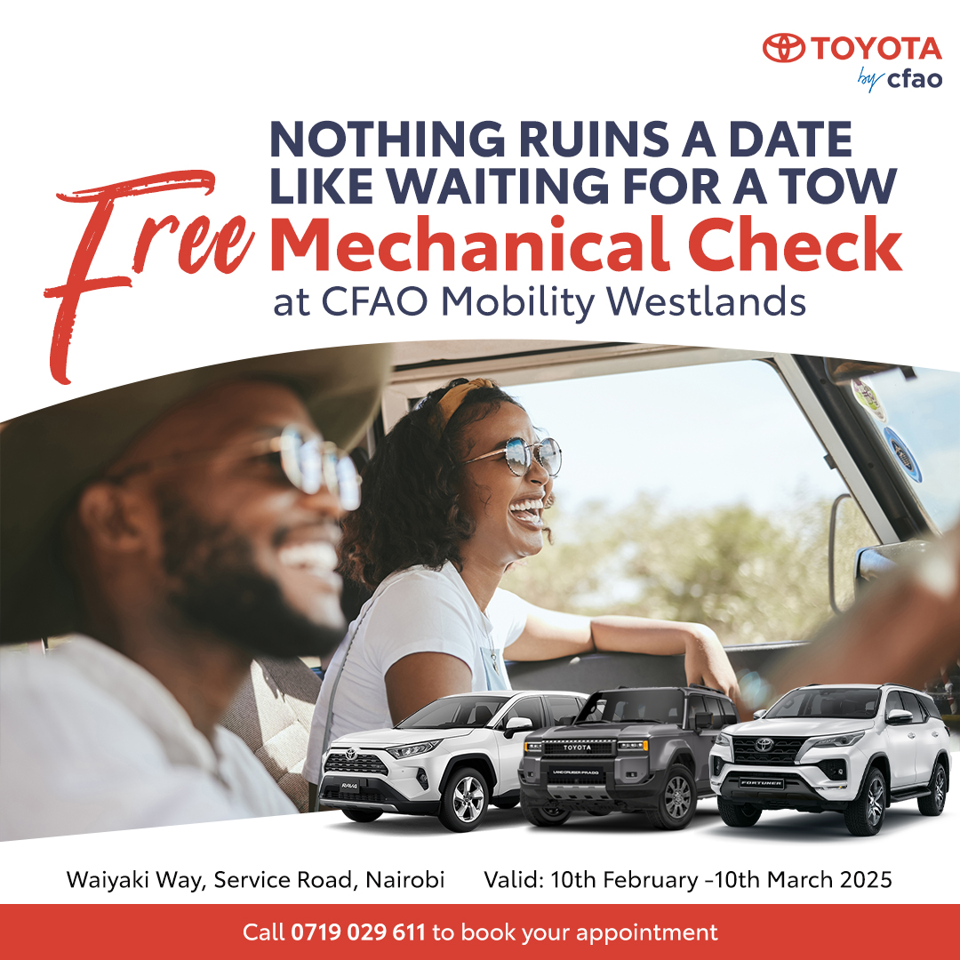 ToyotaCFAOKE's tweet photo. Planning a romantic getaway this Valentine’s? Don’t let car trouble be the unexpected third wheel! Swing by CFAO Mobility Westlands for a FREE mechanical check and hit the road worry-free! Visit us today or call 0719 029 611 to book your appointment.
#QDR #CFAOMobilityDrivesKenya https://t.co/aTk0YCelnv