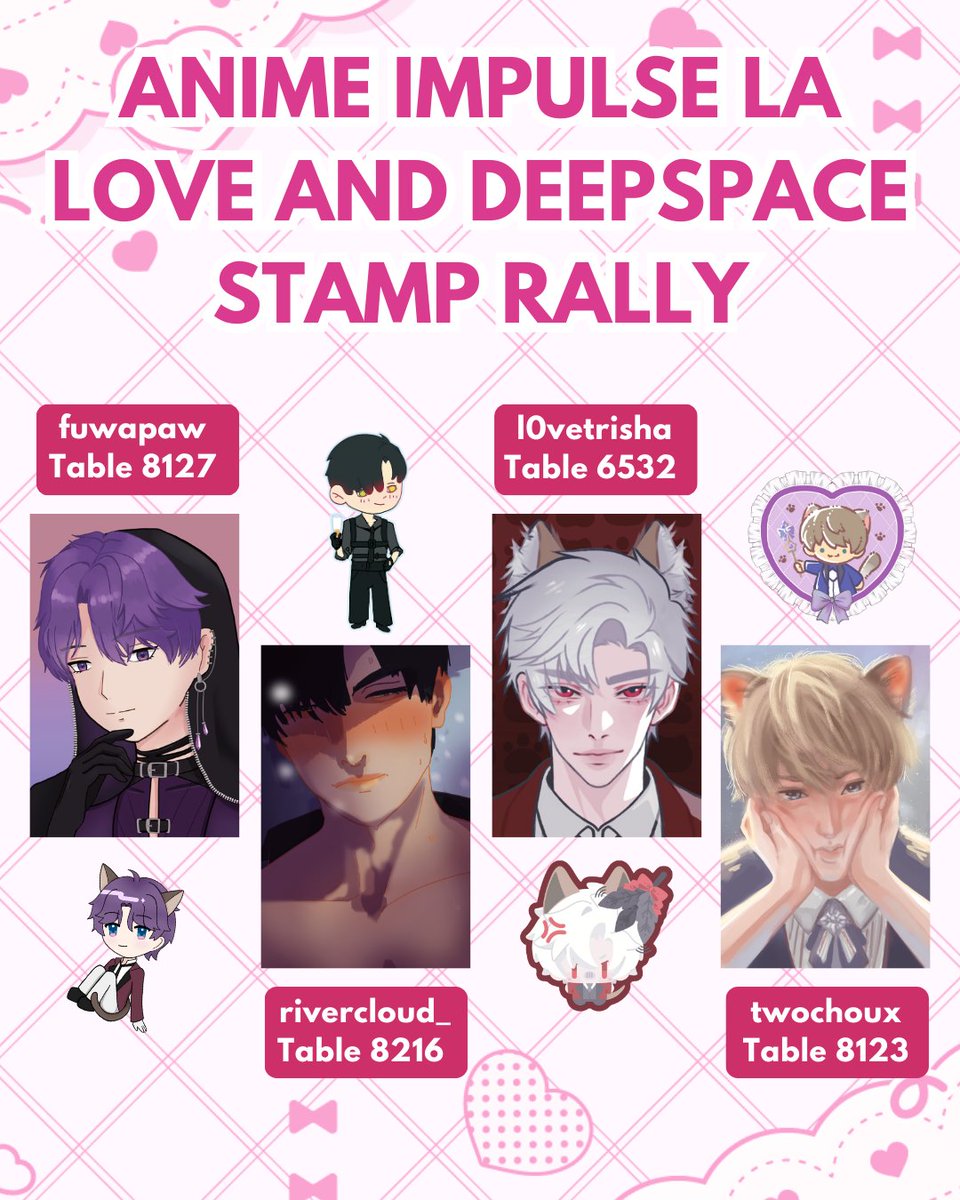 FuwaPaw's tweet photo. 💖#ANIMEImpulseLA2025 Love and Deepspace Stamp Rally 💖  

Excited to host a Love and Deepspace Stamp Rally for @animeimpulse  with such talented artists! Collect all stamps and win an exclusive LADS photocards and stickers!

#animeimpulse #LoveandDeepspace #artistalley https://t.co/i6V3yeCgVd