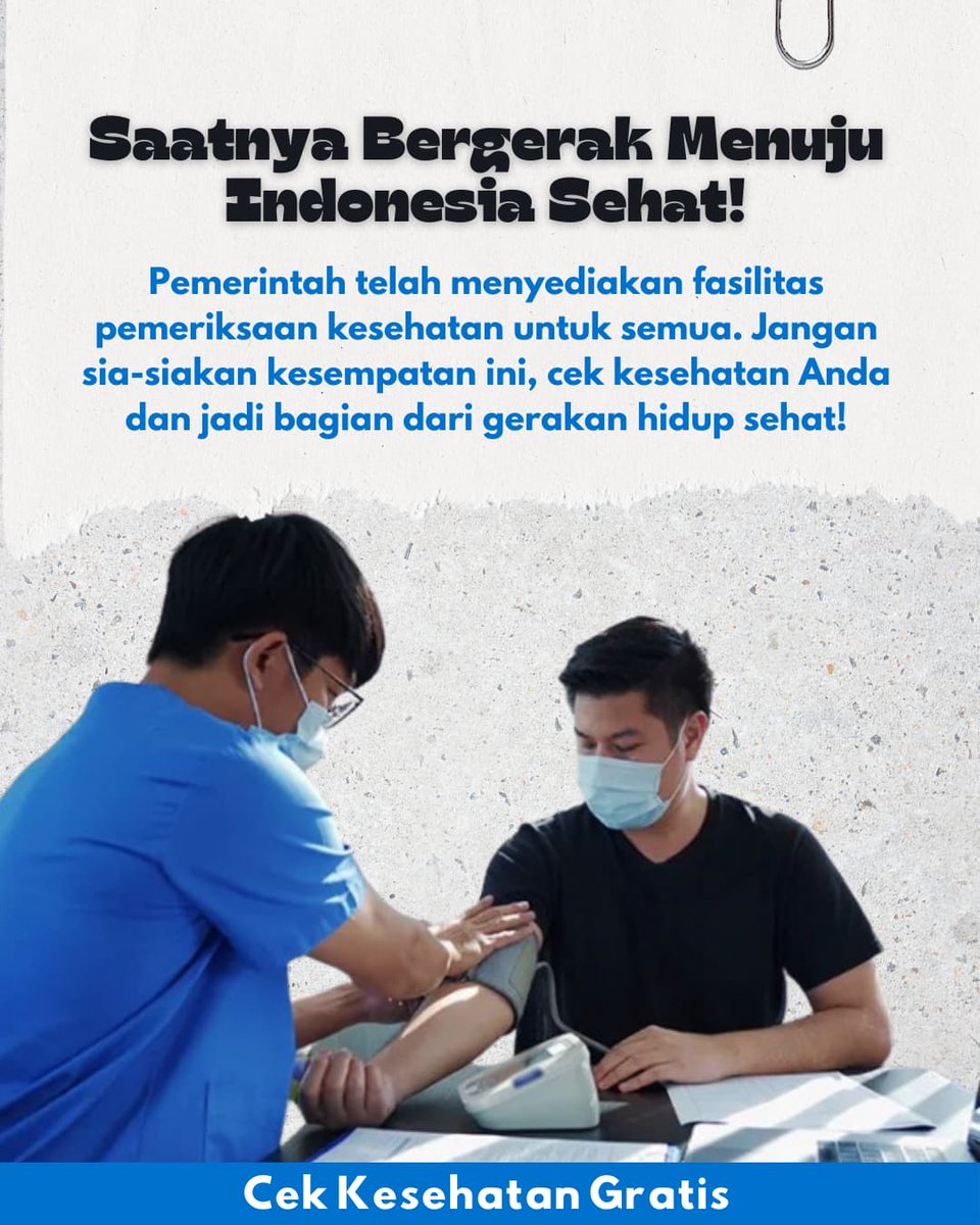AgungLa03498428's tweet image. Kado dari Pemerintah Indonesia, kepada seluruh masyarakat.

📲 Daftar di Satu Sehat Mobile
💬 Chat WA: 081110500567
🏥 Ke Puskesmas terdekat

Deteksi dini, hidup lebih sehat! Udah daftar?

#CekKesehatanGratis #KadoUlangTahunDariNegara #ProgramPresiden #Prabowo