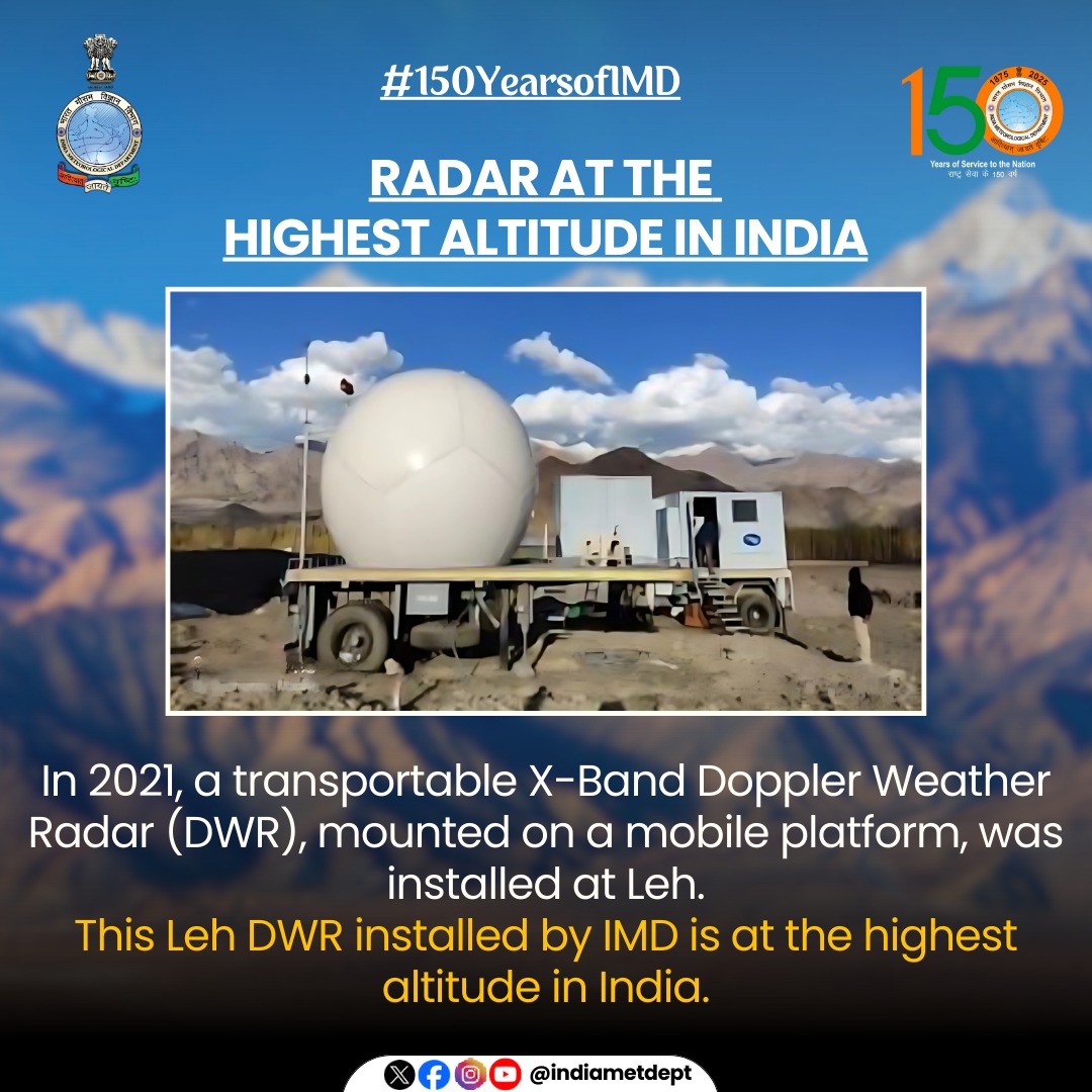 Indiametdept's tweet photo. RADAR AT THE HIGHEST ALTITUDE IN INDIA
In 2021, a transportable X-Band Doppler Weather Radar (DWR), mounted on a mobile platform, was installed at Leh.
This Leh DWR installed by IMD is at the highest altitude in India.
#150YearsofIMD #IMDHistory #WeatherHistory #India #Meteorology #IMD #india #imdforindia #Radar #DidYouKnow #leh #Ladakh
@moesgoi @airnewsalerts @DDNewslive @mygovindia @DrJitendraSingh @WMO
