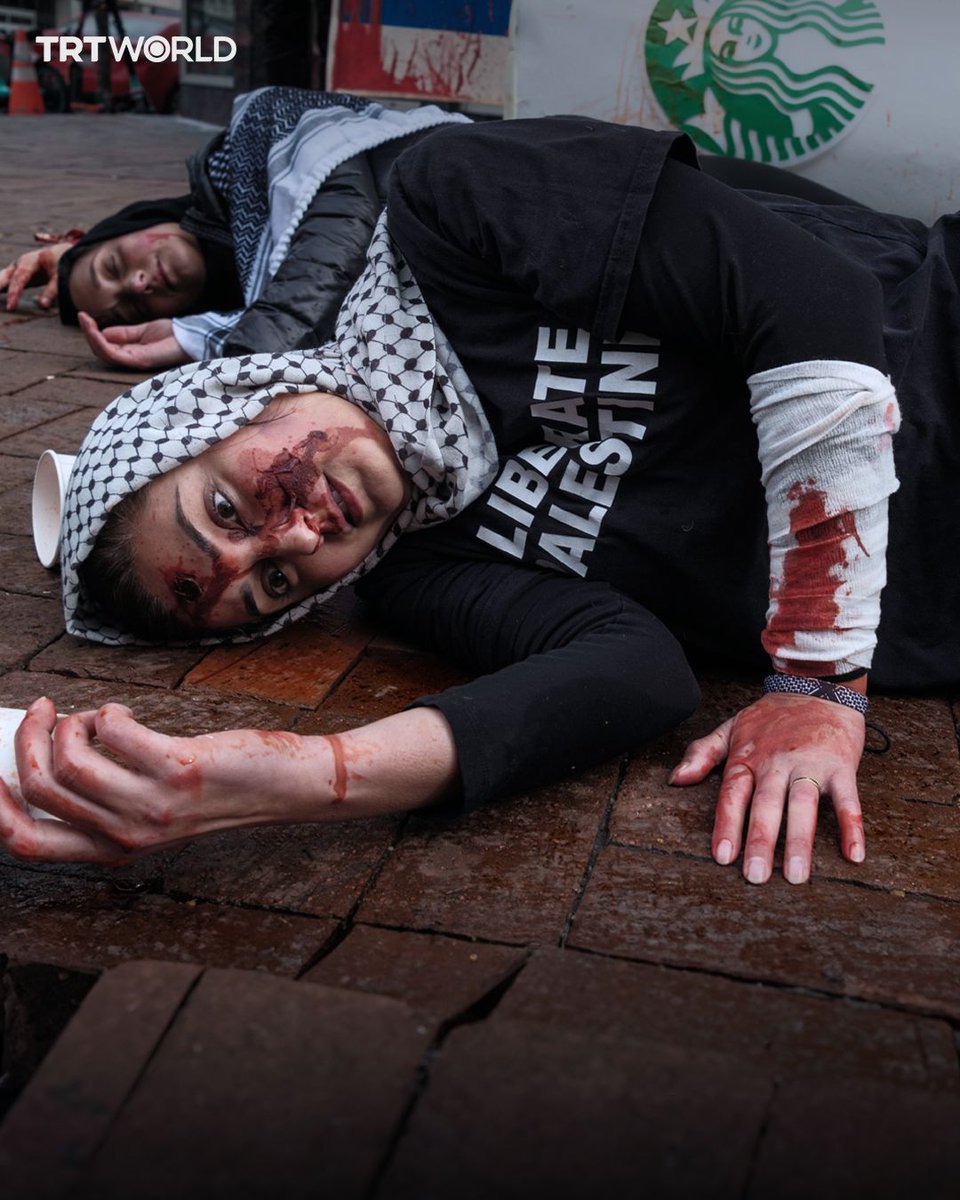 trtworld's tweet photo. Boycott, Divestment, Sanctions (BDS) activists gathered at the U.S. Capitol, McDonald’s, and Starbucks to protest corporate ties to Israel, calling for boycotts over the ongoing Israeli attacks in Gaza. 

Starbucks’ stock has reportedly dropped nearly $11 billion in value since November