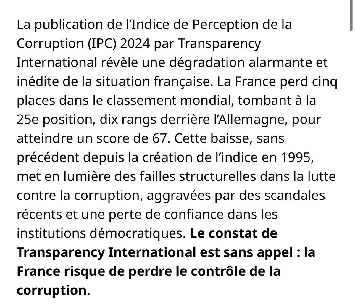 🔴🇫🇷FLASH -La France dégringole dans le classement de la lutte anticorruption de Transparency International. Pour la 1ère fois, le pays est classé parmi ceux « risquant de perdre le contrôle de la #corruption ». L’ONG évoque « une situation préoccupante aux conséquences graves ».