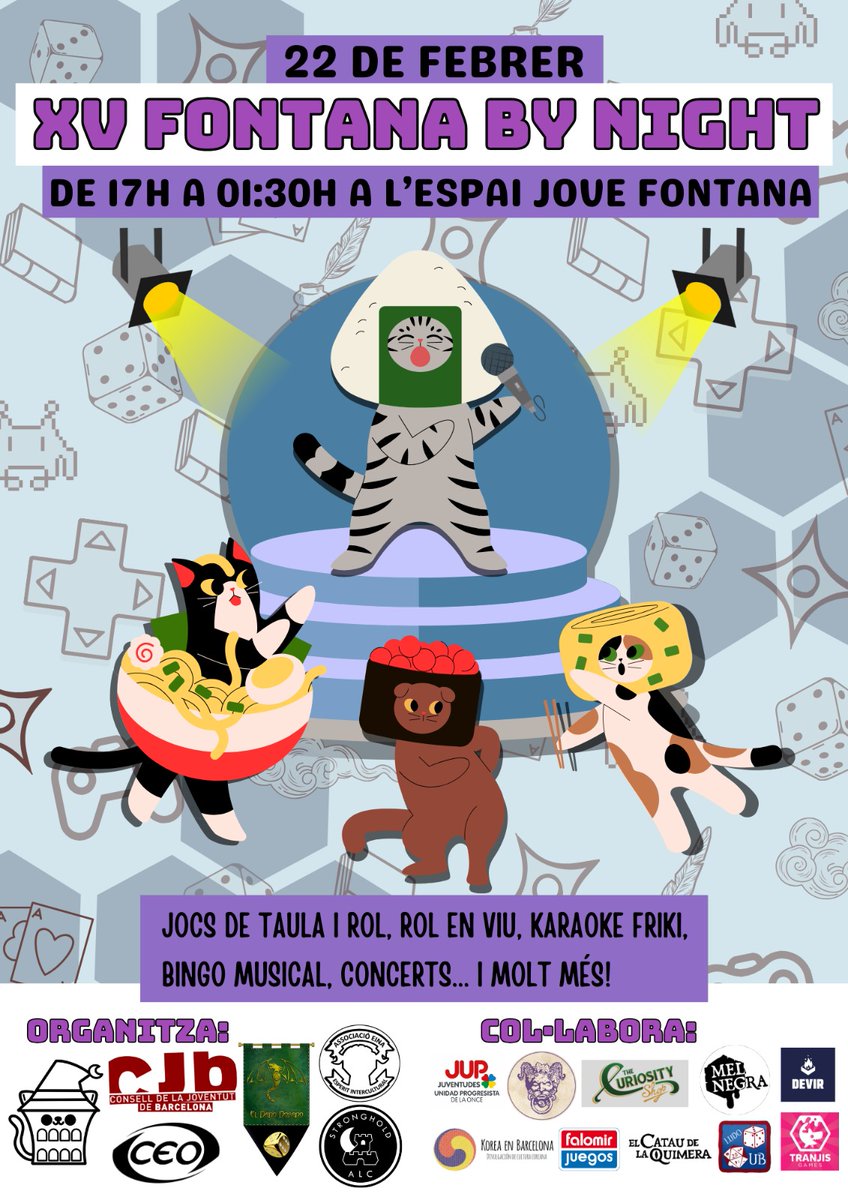 El 22/02/2025 tenim la Fontana By Night XV a <a href="/EjLaFontana/">Espai Jove La Fontana</a>. L'esdeveniment bianual d'oci alternatiu  a Barcelona.

♟️Jocs de taula
🧙🏾‍♂️Rol
🕹️Videojocs
📢Xerrades
🎤Karaoke
i més...

Info: alcstronghold.com/fontana-by-nig…

<a href="/UAlternatiu_CJB/">Univers Alternatiu CJB</a> <a href="/cjbcn/">Consell de la Joventut de Barcelona</a> <a href="/sortimbcn/">sortimbcn</a>
@CJD7_HG <a href="/Gaming_catala/">Gaming.cat</a> <a href="/crajbcn/">CRAJ Barcelona</a>