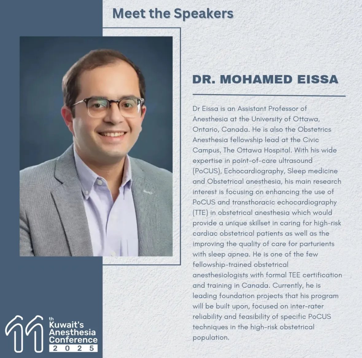 Kuwait’s Anesthesia (@11thanesthesia) on Twitter photo Meet the speakers at the 11th Kuwait Anesthesia Conference. 14-16 February,2025
Dr. Mohamed Eissa <a href="/MoEissaMD/">Mohamed Eissa</a>
#AnesthesiaKuwait2025 Meet the speakers at the 11th Kuwait Anesthesia Conference. 14-16 February,2025
Dr. Mohamed Eissa <a href="/MoEissaMD/">Mohamed Eissa</a>
#AnesthesiaKuwait2025