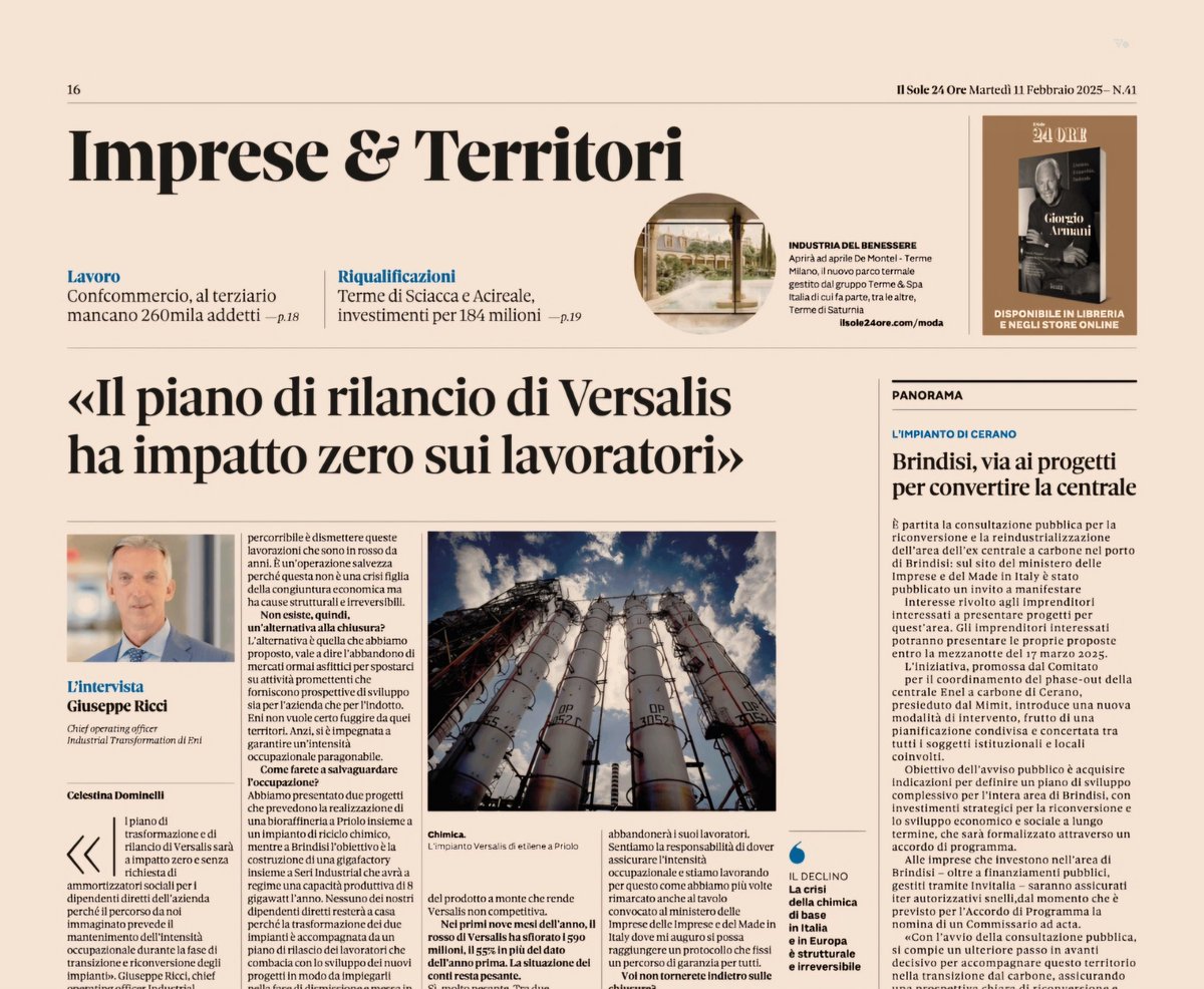 Il #piano di #rilancio per #Versalis e i progetti su #Priolo e #Brindisi dove "nessun dipendente perderà il posto di lavoro". E ancora, la #crisi della #chimica in #Italia e in #Europa. Sul <a href="/sole24ore/">IlSole24ORE</a> l'intervista a #GiuseppeRicci, coo Industrial Transformation di <a href="/eni/">eni</a>.

#energia