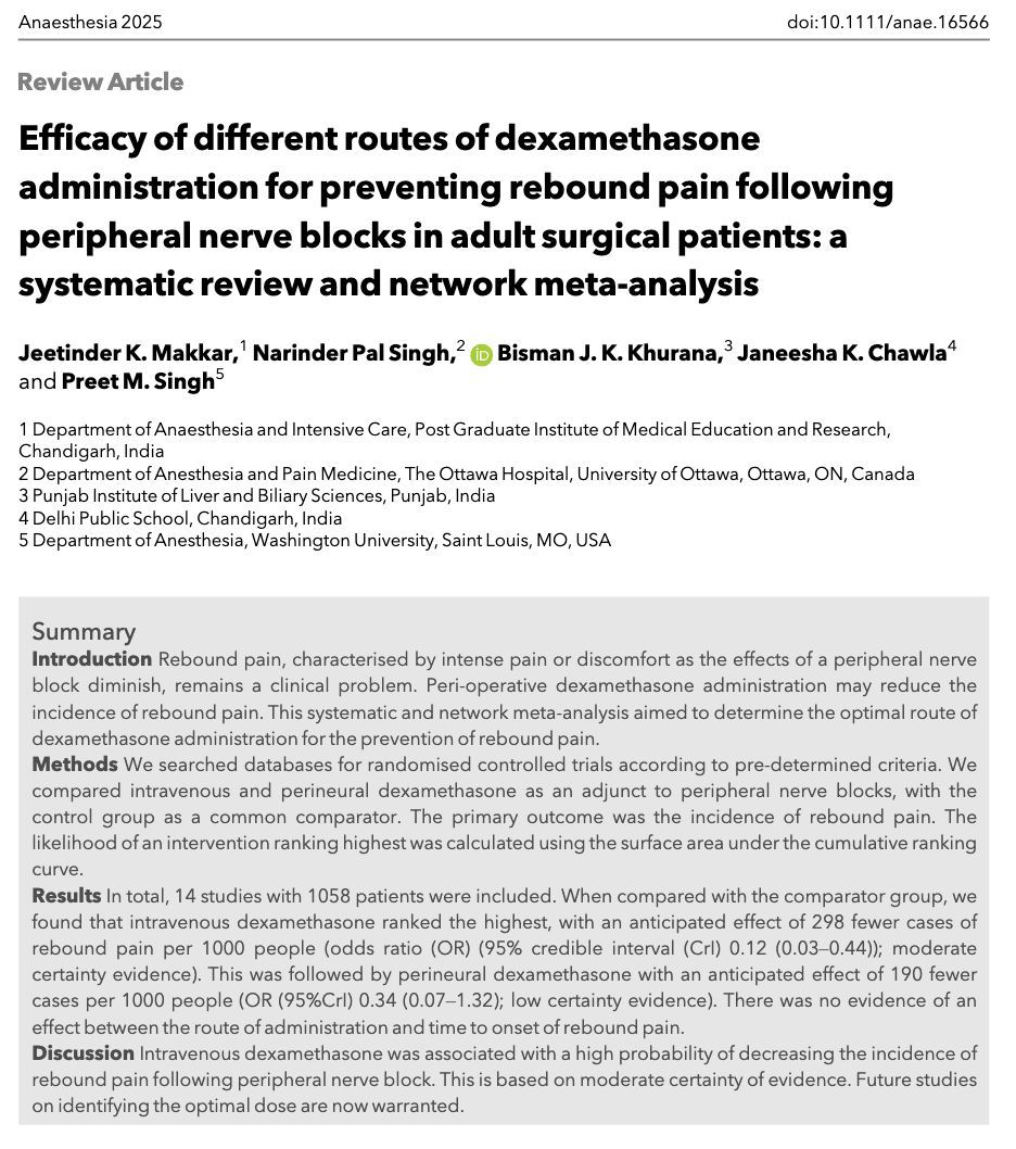 Does the ROUTE that you give dexamethasone for rebound pain following peripheral nerve blocks matter?

#anaesthesia #medicine #pain #regionalanaesthesia

buff.ly/3CMuXEs
