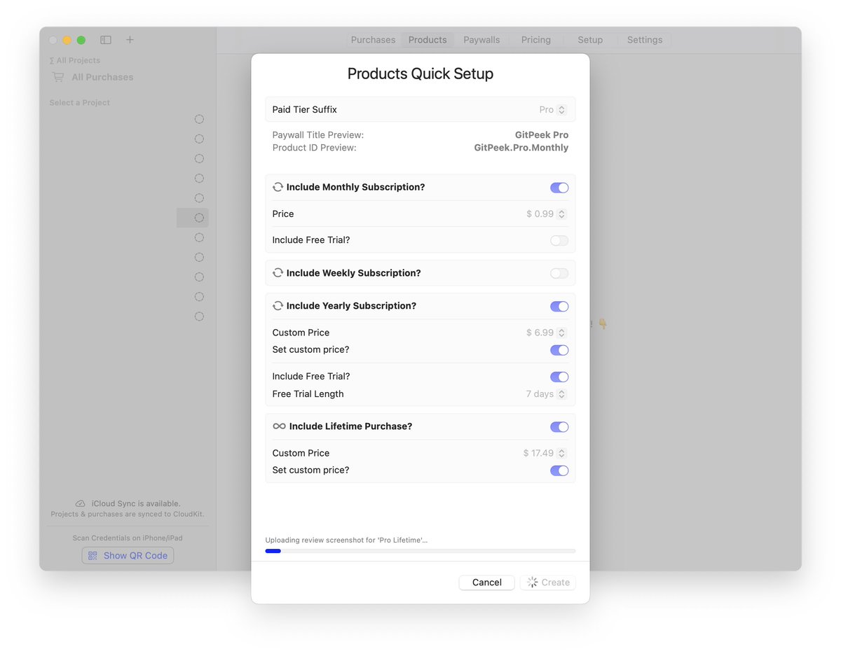 It takes less than 5 minutes to set subscription products for your app using <a href="/FreemiumKit/">FreemiumKit: In-App Purchases for  Platforms</a>  🤯

#indiedev #buildinpublic #indiehacker #iosdev