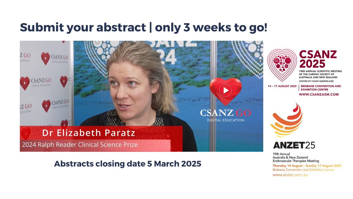 CSANZ (@thecsanz) on Twitter photo 😱 Only 3 weeks to go! Present your vital research at #CSANZ2025 | #ANZET25
👀 Watch <a href="/pretzeldr/">Elizabeth Paratz</a> winner of the 2024 Ralph Reader Clinical Science Prize, discuss her her work and ASM presentation. Learn what it takes to win the coveted 2025 CSANZ ASM Prizes buff.ly/4aZavg3 😱 Only 3 weeks to go! Present your vital research at #CSANZ2025 | #ANZET25
👀 Watch <a href="/pretzeldr/">Elizabeth Paratz</a> winner of the 2024 Ralph Reader Clinical Science Prize, discuss her her work and ASM presentation. Learn what it takes to win the coveted 2025 CSANZ ASM Prizes buff.ly/4aZavg3