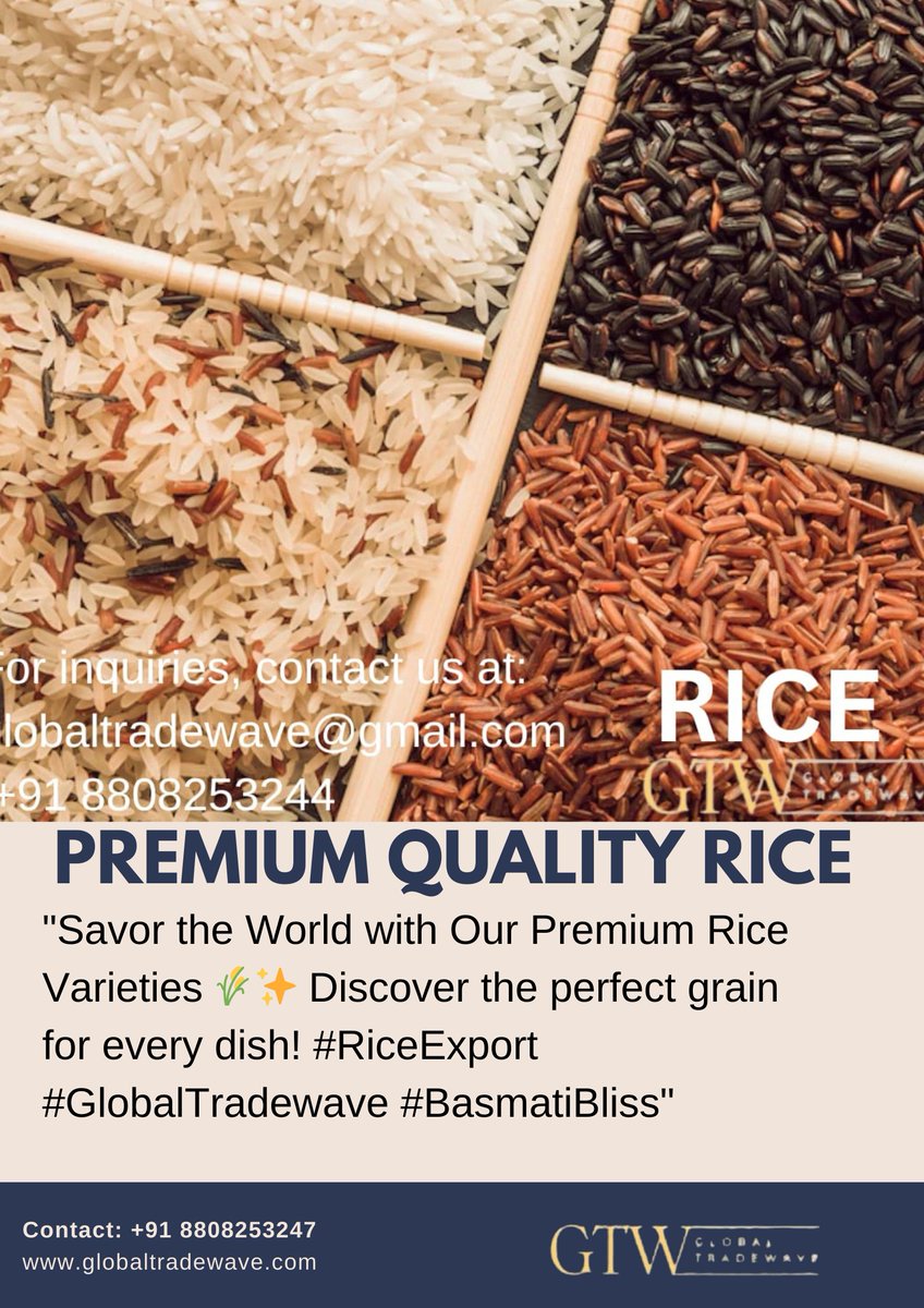 GlobalTradewave's tweet photo. Types of Rice We Export 
1️⃣ 1121 Basmati Rice – Long-grain, aromatic, perfect for biryani &amp; pulao.
2️⃣ IR64 Parboiled Rice – Medium grain, non-sticky, popular in African &amp; Gulf markets.
3️⃣ PR11 Rice – Affordable long-grain variety,  ideal for daily meals.
📞📱 +91 88082 53247 https://t.co/dvXm4OTSFf