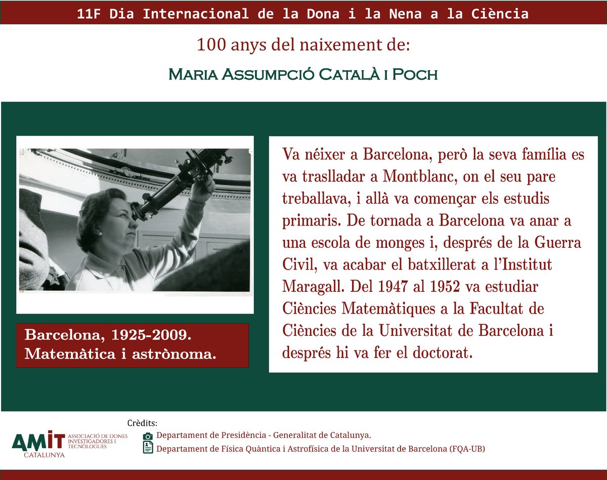 Desde AMIT-CAT celebramos este #11F recordando a las pioneras que nos abrieron camino, como la primera mujer catalana en tener un doctorado en matemáticas, y luchando para que cada vez más niñas y mujeres puedan cumplir su sueño de hacer un mundo mejor desde la ciencia