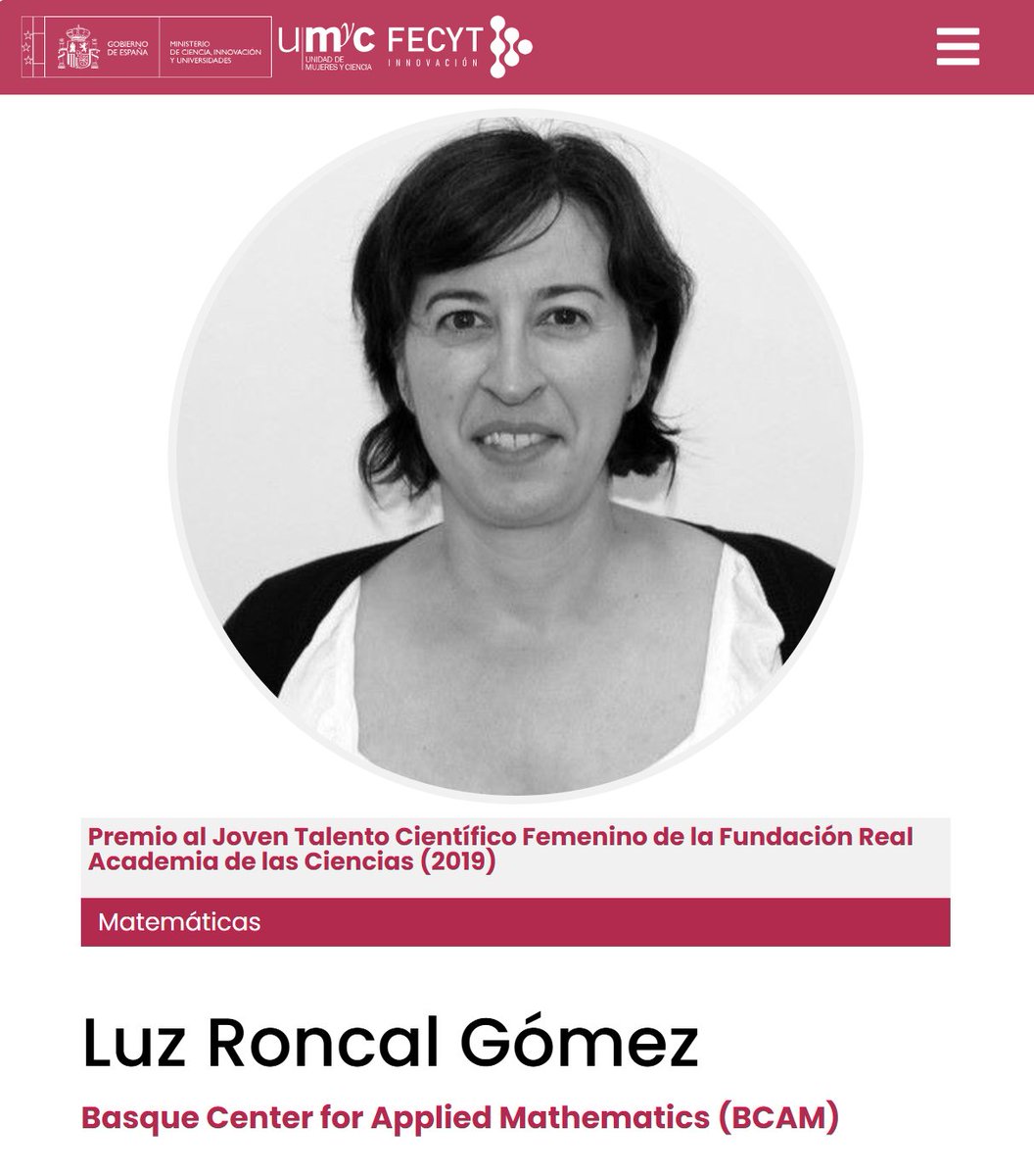UMyC_Ciencia's tweet photo. Hoy en #11F365 Luz Roncal Gómez, Doctora en Matemáticas.

Investigadora #Ikerbasque en el @BCAMBilbao, @Ikerbasque y @upvehu.

Premiso #JovenTalentoCientíficoFemenino 2019 de la @RACiencias Fundación Real Academia de las Ciencias.

https://t.co/t1ZYQWkecv https://t.co/yEt4uZzhYH