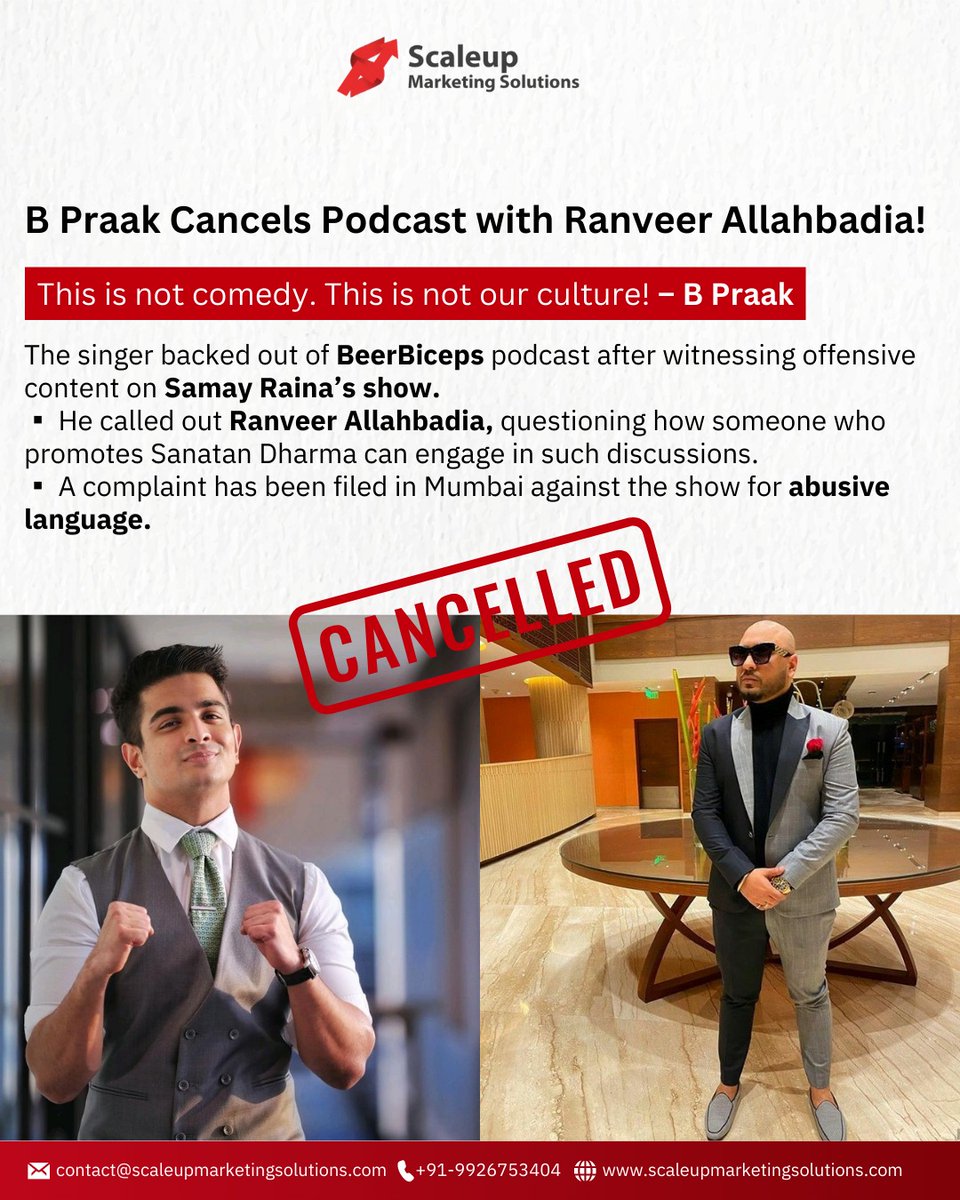 scaleupMS's tweet photo. @BPraak Takes a Stand Against Toxic Content!
Singer B Praak has canceled his podcast appearance with @BeerBicepsGuy, citing the latter's offensive comments on @ReheSamay's show, India's Got Latent.

#BPraak #RanveerAllahbadia #ToxicContent #Positivity
#ScaleUpMarketingSolutions https://t.co/aSHh2Sh4lL
