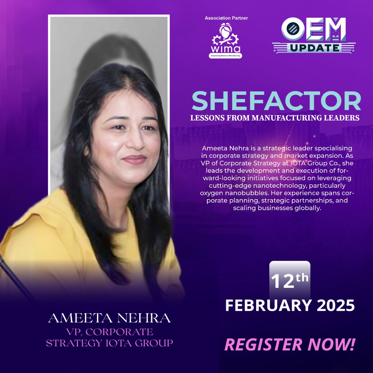 OEMUPDATE's tweet photo. Join us for an insightful session on "Shefactor: Lessons from Manufacturing Leaders" with Ms. Ameeta Nehra, VP of Corporate Strategy, IOTA Group.
๐
Feb 12, 2025 | โฐ 4-5:30 PM
๐ Register: https://t.co/2t5DlYy4Of
#WomenInManufacturing #Shefactor #EmpowerWomen #OEMUpdate https://t.co/ZnVx5QNQnP