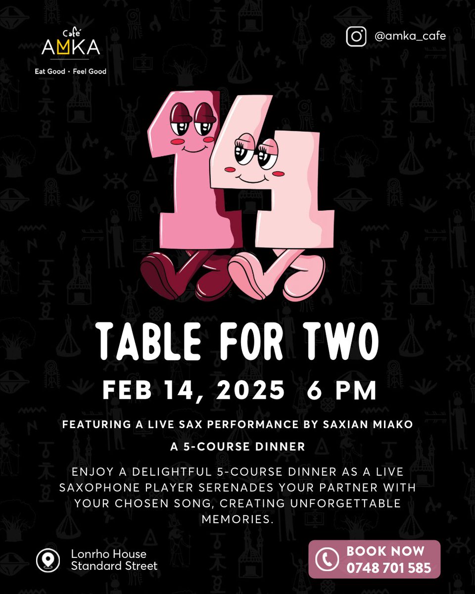 Cafe_AMKA's tweet photo. Love is in the air! 🎷 Treat your special someone to a romantic 5-course dinner with live music.

💖 Table for Two – Feb 14, 2025, at 6 PM
📍 Cafe Amka, Lonrho House, Standard Street

Book now to make this Valentine’s Day unforgettable! Call 0748 701 585 to reserve. ❤️ https://t.co/YSJTiwBAXg