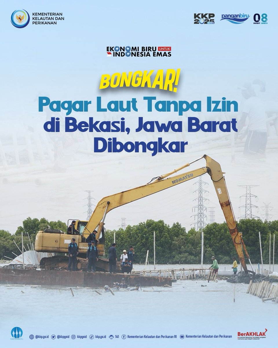 DitKEBP's tweet photo. #SahabatBahari, masih ingat kan dengan pelanggaran pemasangan pagar laut dan reklamasi tanpa izin di Desa Segarajaya, Bekasi? Menindaklanjuti kasus tersebut, hari ini pagar laut tanpa izin tersebut mulai dibongkar!!

#KKPBongkarPagarLautBekasi https://t.co/CpOOAR1t5w