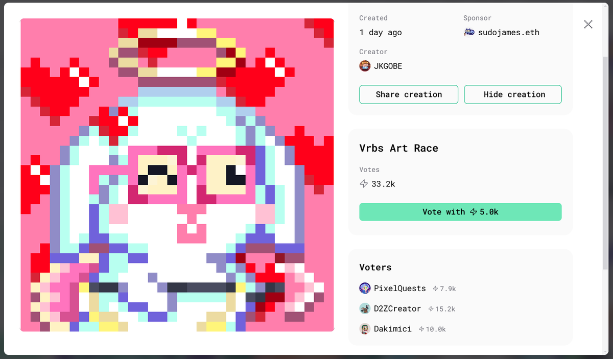 jkgobeart's tweet photo. Good morning fams☀️

Update 🌟
"Bunny Cupid" on @VrbsDAO 

Thank you a million times for your support "James Wright 👨🏻" 💗

and thank you very much for voting @PixellQuests  @D2ZCreator  @Dakimici  💗

🔗
https://t.co/tCwsj3oc6a https://t.co/uSZV1Z8L2f