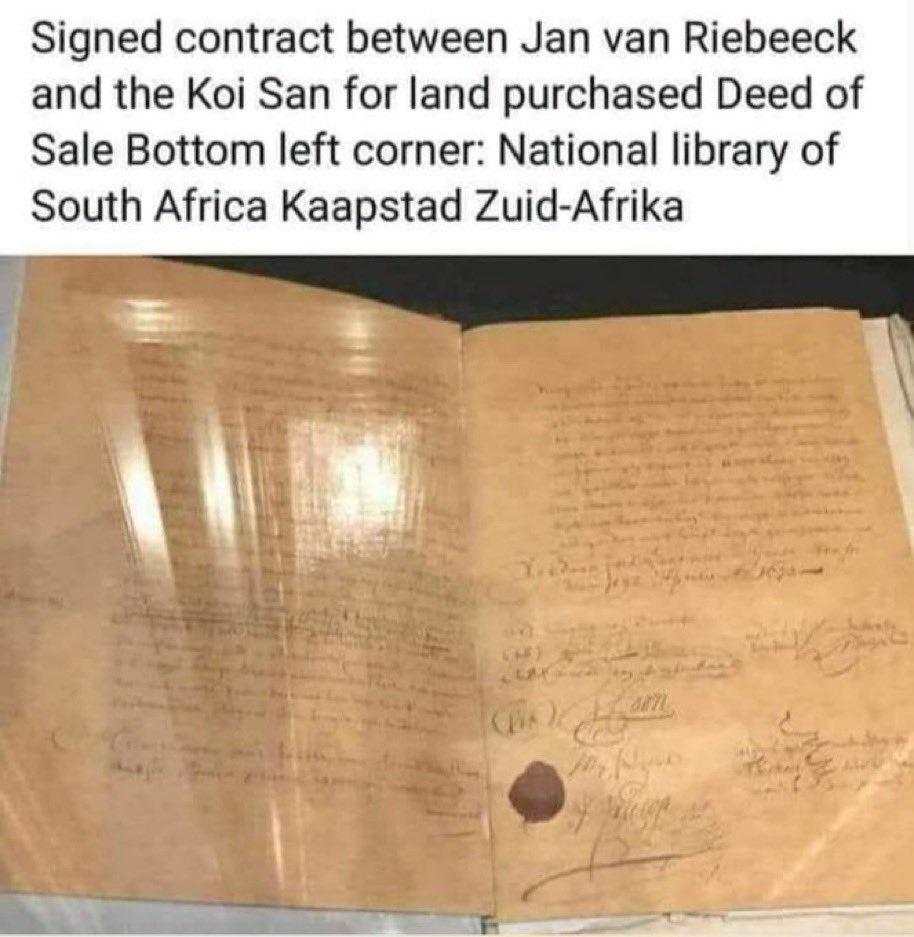 RiseAgainstEvil's tweet image. A signed contract between Jan Van Riebeeck and the KhoiSan to settle in South Africa from Europe.

The African tribes migrated to South Africa around 100 years later.

We fought three deadly wars to retain our country. Show me one war where any African tribe fought in their own…