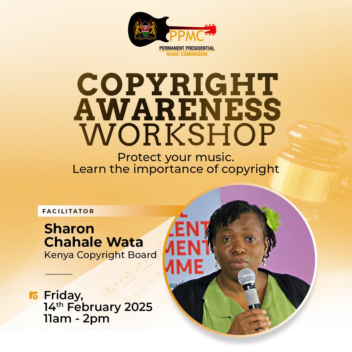 Kuza Mziki (@kuzamziki) on Twitter photo Copyright Awareness Workshop. <a href="/PPMC_KENYA/">Permanent Presidential Music Commission</a>
<a href="/JaazyD/">Dr. Donald Otoyo, OGW</a>
Date: Friday, 14th February 2025
Time: 11:00 AM - 2:00 PM
Venue: Permanent Presidential Music Commission, State House Road, Nairobi
Entry is free! No prior registration is required - walk in, sign up at the venue. Copyright Awareness Workshop. <a href="/PPMC_KENYA/">Permanent Presidential Music Commission</a>
<a href="/JaazyD/">Dr. Donald Otoyo, OGW</a>
Date: Friday, 14th February 2025
Time: 11:00 AM - 2:00 PM
Venue: Permanent Presidential Music Commission, State House Road, Nairobi
Entry is free! No prior registration is required - walk in, sign up at the venue.