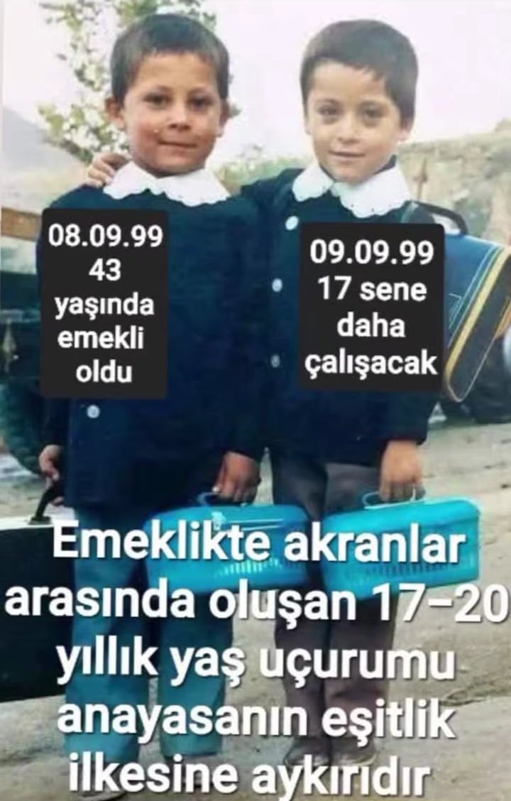 Herhalde bundan daha iyi anlatılamaz.08.09.99 öncesine yaş kaldırılmamalı idi.Kesinlikle kul hakkına girdiniz.En adil emeklilik kademeli emeklilik istiyoruz
 <a href="/erbakanfatih/">Dr. Fatih Erbakan</a> <a href="/isikhanvedat/">Prof. Dr. Vedat Işıkhan</a> <a href="/eczozgurozel/">Özgür Özel</a>
<a href="/rprefahpartisi/">Yeniden Refah Partisi</a> 
<a href="/Akparti/">AK Parti</a> <a href="/MHP_Bilgi/">MHP</a> <a href="/herkesicinCHP/">CHP 🇹🇷</a> 
#KademeEmekçininHakkıdır