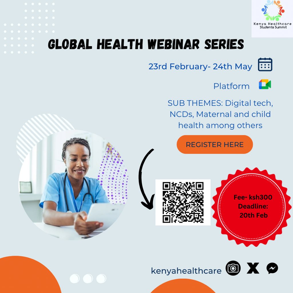 🌍 Global Health Webinar Series 🌍
📅 Dates: 23rd Feb - 24th May
📝 Registration Deadline: 20th Feb
💰 Fee: Ksh 300 (Pay via [number] + your name)
🔗 Platform: Virtual
⚠️ Limited Slots: Only 5 participants per region!