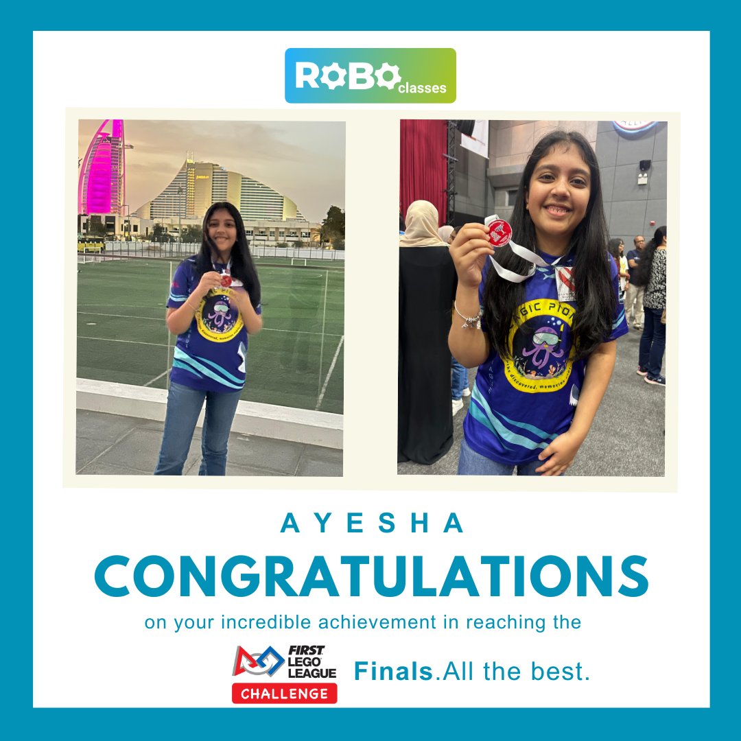 ClassesRobo's tweet image. Congratulations on your incredible achievement Ayesha in reaching the FIRST LEGO League (FLL)Finals! Your hard work for last 4-5 years, creativity, and dedication have paid off, and now you have the amazing opportunity to represent UAE in the U.S. Best of luck! 
#roboclasses #fll