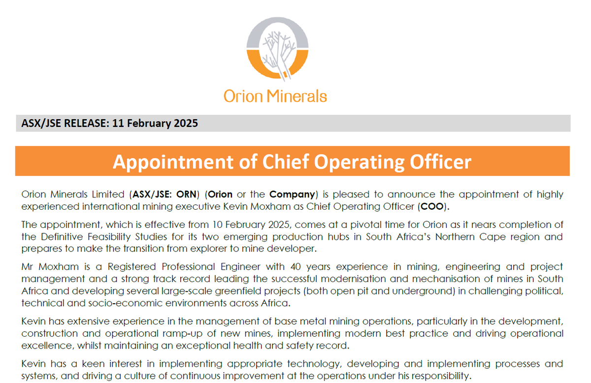 Orion Minerals welcomes Kevin Moxham as Chief Operating Officer. 
To read more: orionminerals.com.au/download/orion…